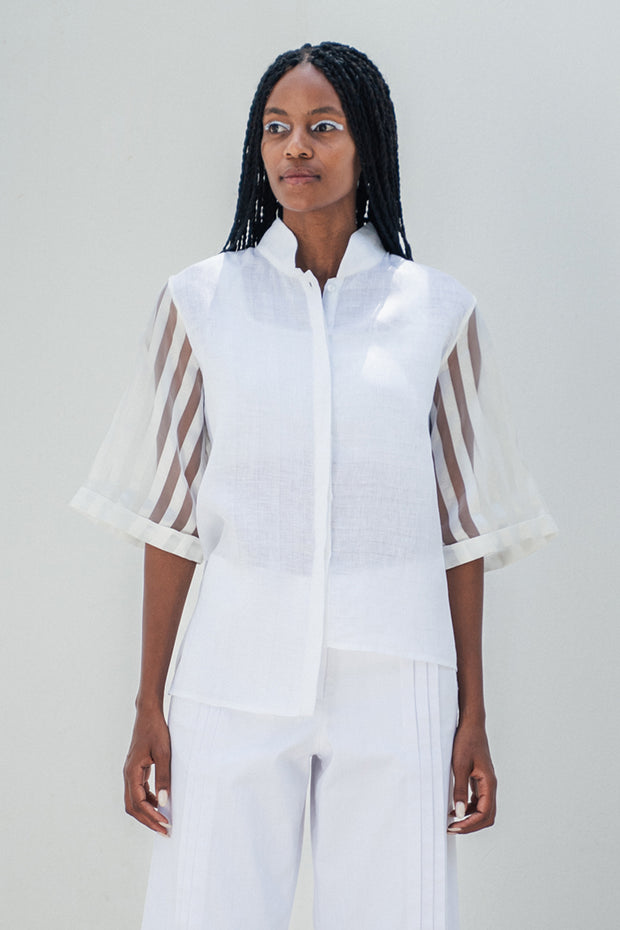 Asymmetrical mandarin shirt w/ organza short sleeves