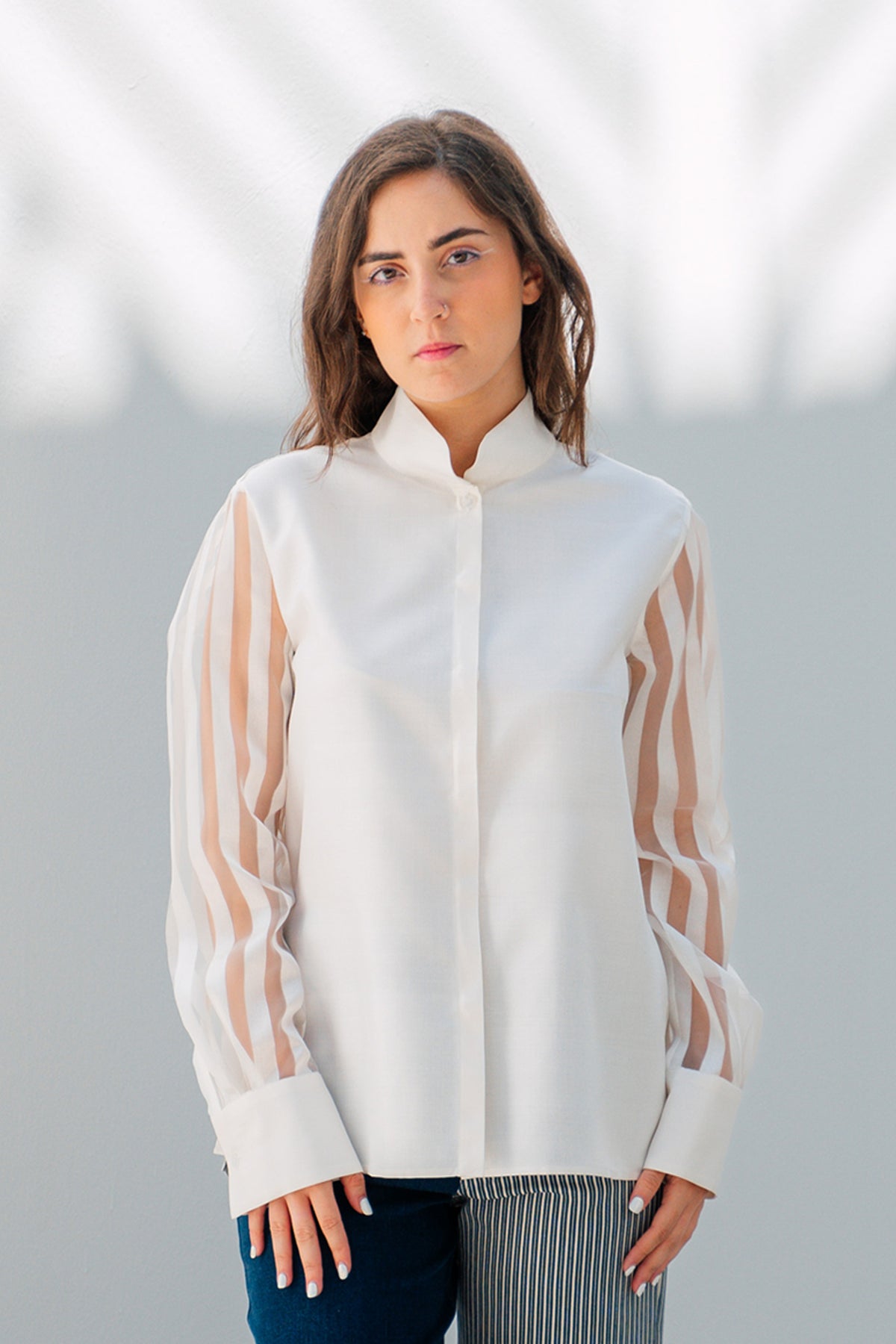 Mandarin shirt w/ organza long sleeves