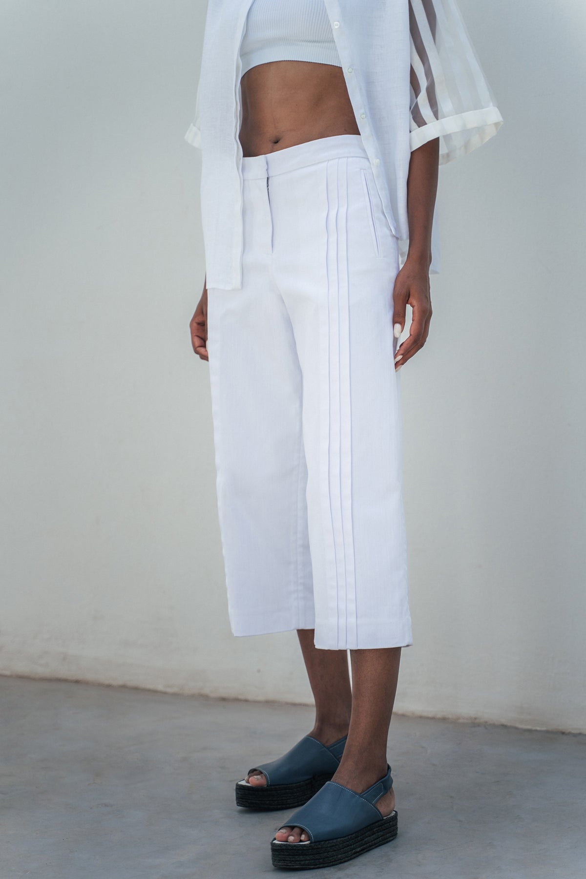 Pleated denim culottes