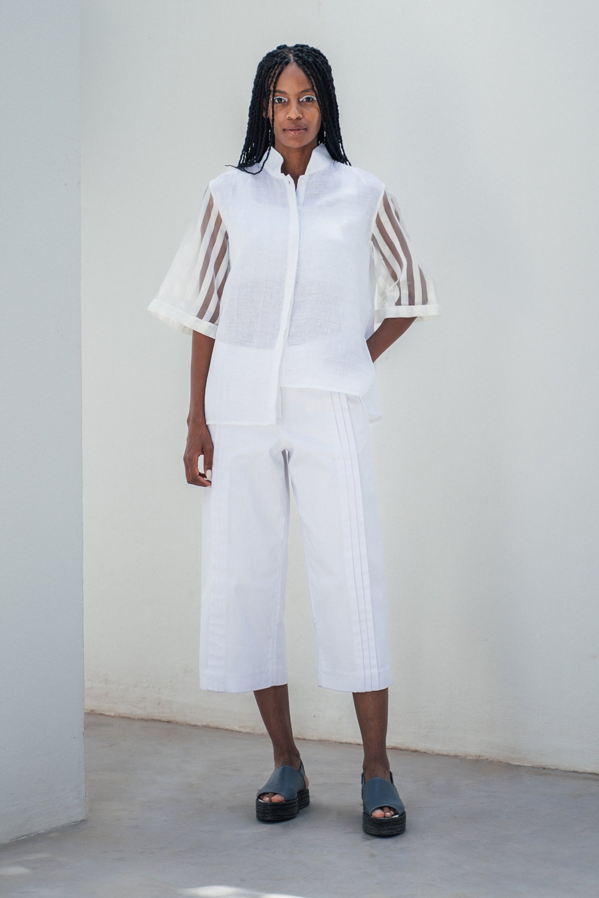 Pleated denim culottes